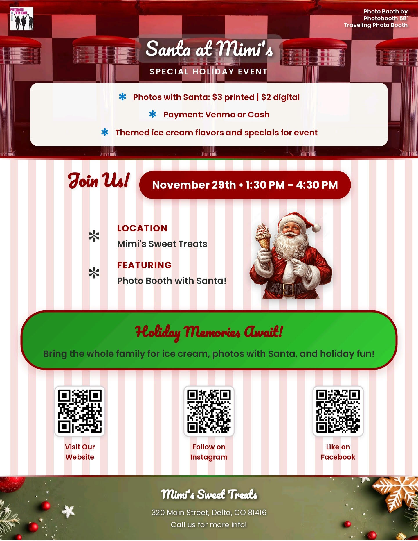 Santa at Mimi's holiday event flyer showing November 29th, 1:30-4:30 PM with photo booth pricing details